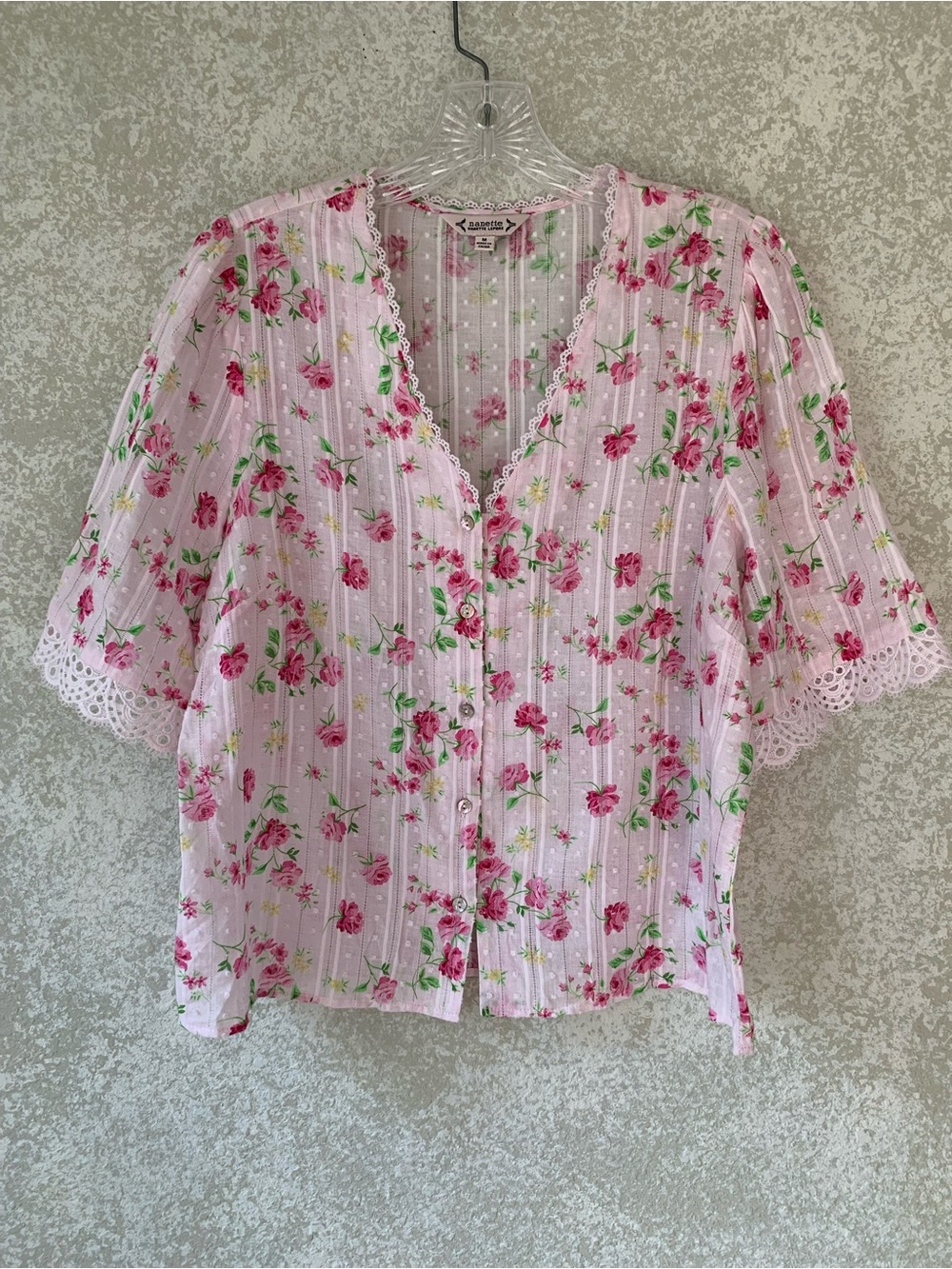 Nanette Lepore Pink Floral Swiss Dot Lace Trim Button Up Blouse Womens Medium